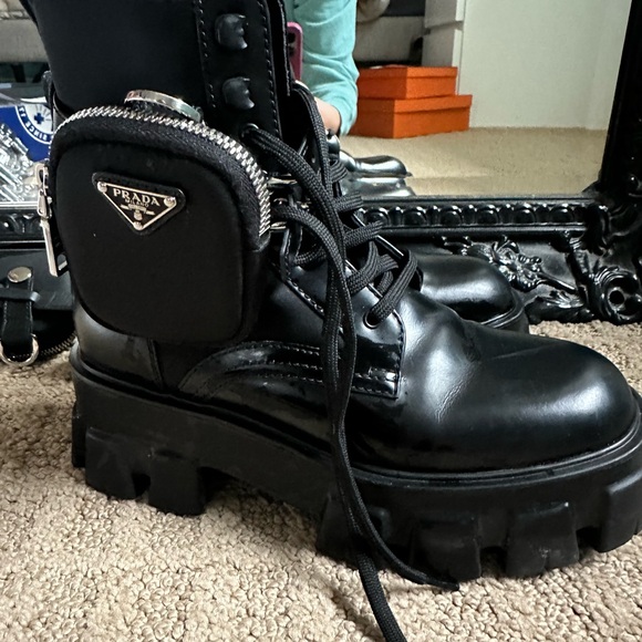 Prada women’s black Monolith leather moto combat boots 7.5 with pouch EUC - Picture 1 of 16